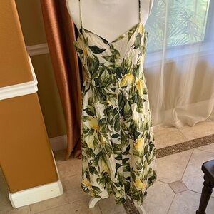 H&M Green and Yellow Leaf Print Midi Dress